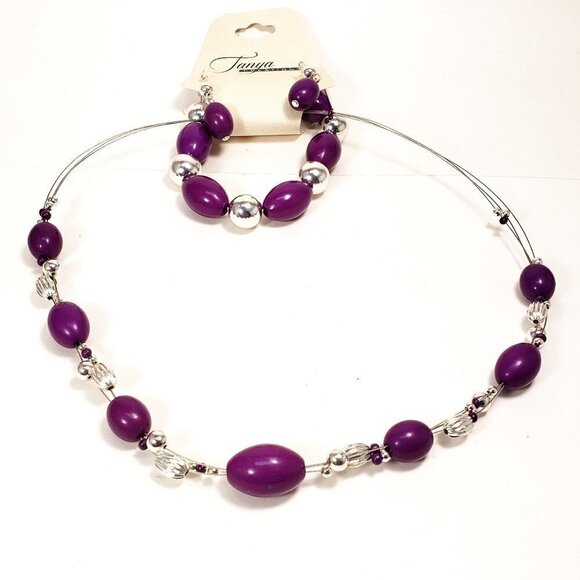 Chic Trio: Necklace, Earrings, Bracelet Silver Tone Purple & Beads Illusion set - Picture 1 of 8